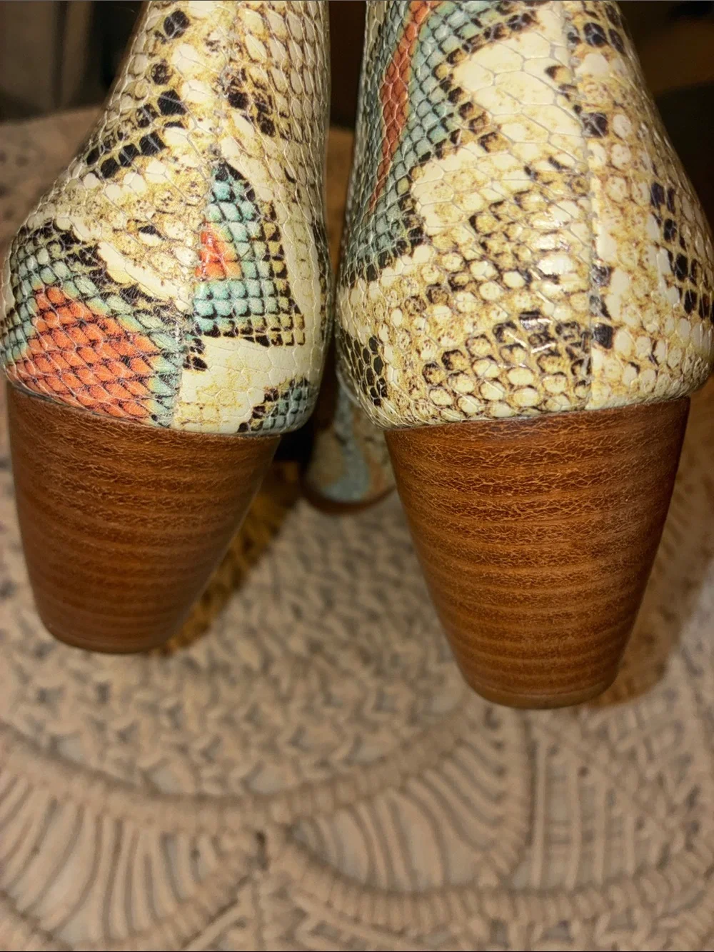 Matisse Cream Snakeskin Embossed Ankle Boots with Coral‎ & Aqua Accents